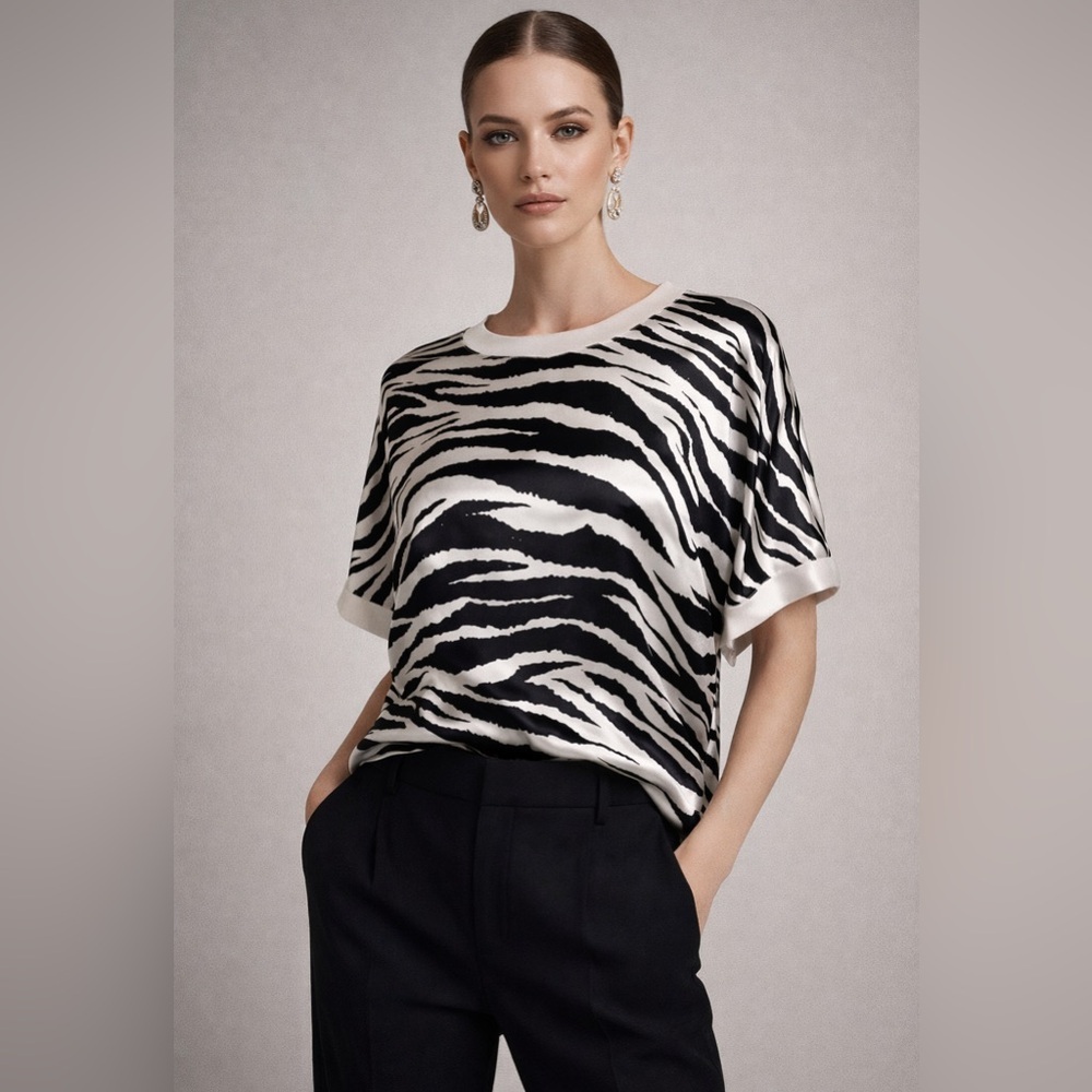 S’EDGE Josie Zebra Print Satin Top Blouse Black White Size S Luxury Designer
